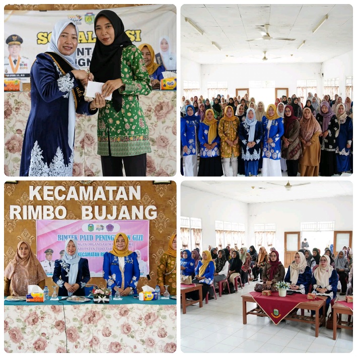 Kegiatan Sosialisasi dan Bimbingan Teknis (Bimtek) PAUD Peningkatan Gizi di Aula Kantor Camat Rimbo Bujang, Selasa (15/7/2025). Ketua TP PKK Kabupaten Tebo, Nurchasanah, S.P., M.M., hadir langsung membuka acara dan memberikan apresiasi kepada peserta.(INJ/Ist)