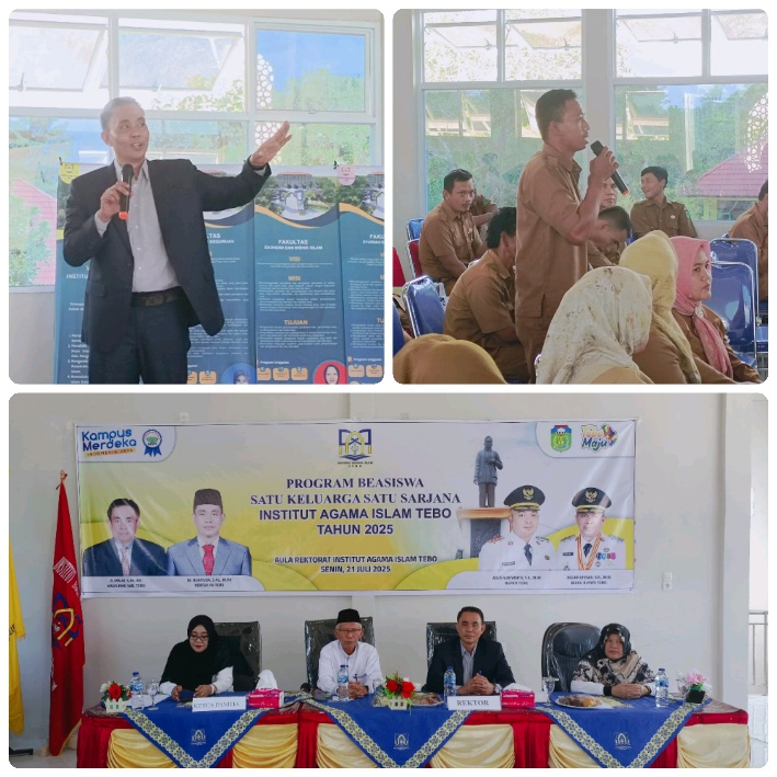Kegiatan sosialisasi program beasiswa Satu Keluarga Satu Sarjana di Aula Rektorat IAI Tebo, Senin (21/7/2025).