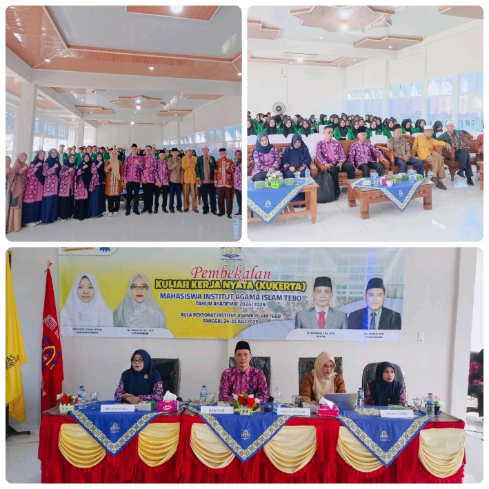Suasana pembukaan pembekalan Kuliah Kerja Nyata (Kukerta) Institut Agama Islam (IAI) Tebo Tahun Akademik 2024/2025 yang berlangsung di Aula Rektorat IAI Tebo, Kamis (24/07/2025). Hadir dalam kegiatan ini Rektor IAI Tebo Dr. Nurhuda, S.Pd., M.Pd, narasumber dari LPM UIN Jambi Dr. Tanti, M.Si, serta jajaran dosen dan 150 mahasiswa peserta Kukerta yang akan diterjunkan ke 12 desa di Kabupaten Tebo.(INJ/Ist)