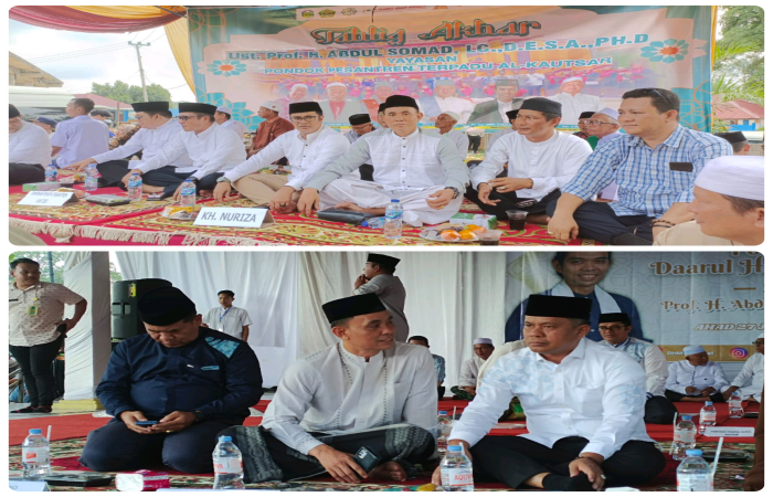 Para tokoh dan pejabat menghadiri Tabligh Akbar bersama Ustadz Abdul Somad di Pondok Pesantren Terpadu Al Kautsar, Tebo, Minggu (27/7/2025). Tampak hadir Wakil Bupati Tebo Nazar Efendi, SE., M.Si., Rektor IAI Tebo Dr. Nurhuda, serta pimpinan pondok pesantren dan tamu undangan lainnya.(INJ/Ist)